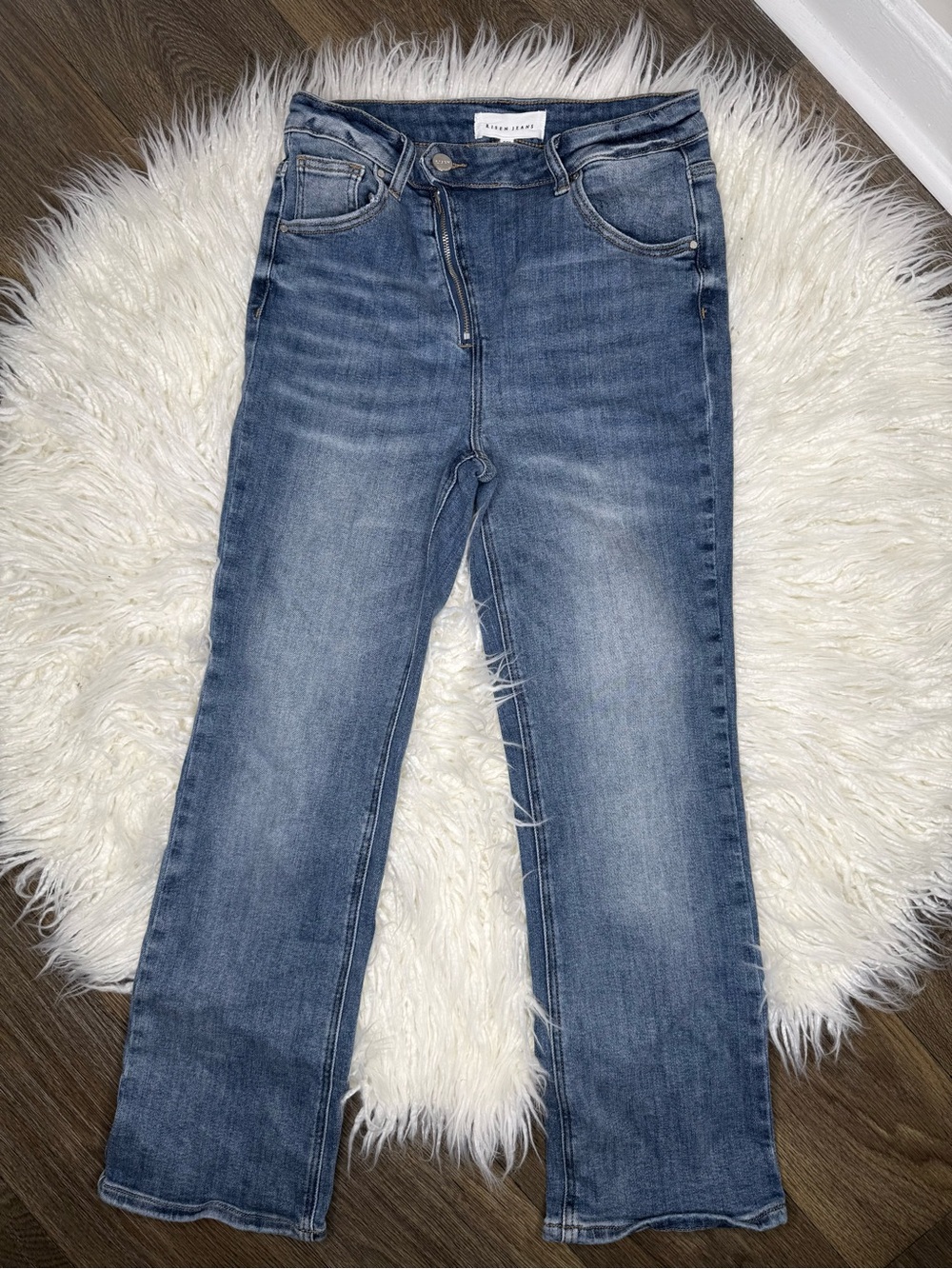Risen Denim High Rise Straight Jeans Medium Blue Size 9/29 Asymmetrical Zipper